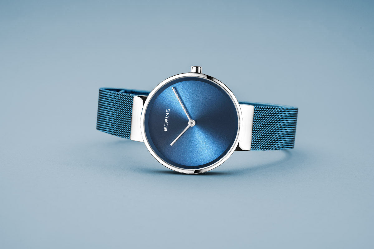 Bering Classic Polished Silver Blue Mesh Watch