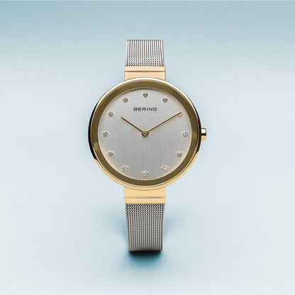 Bering Classic Polished Gold Silver Mesh Watch