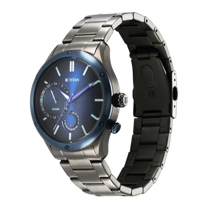 Titan Stellar Quartz Multifunction Blue Dial Stainless Steel Strap Watch for Men