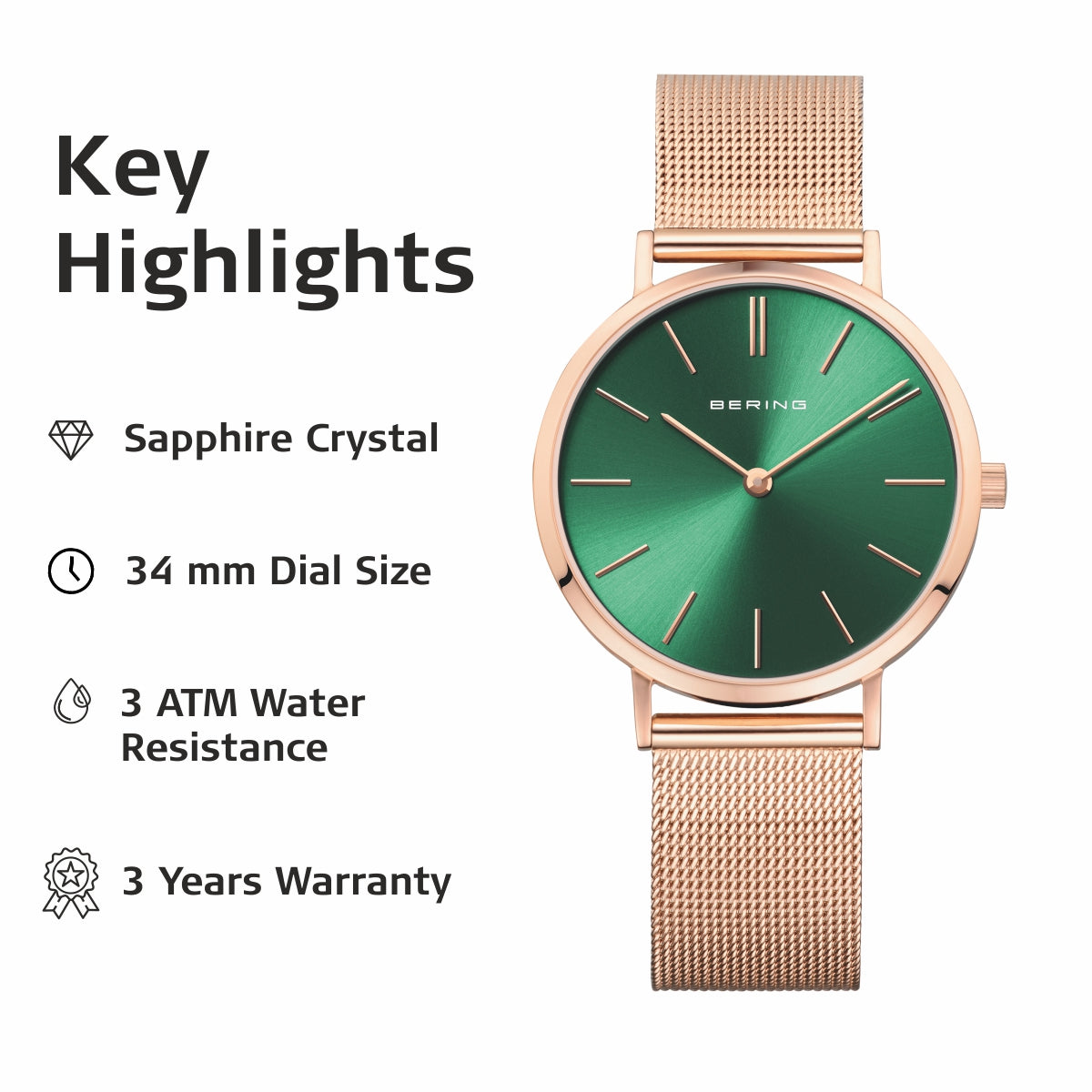 Bering Rose Gold Polished Green Watch