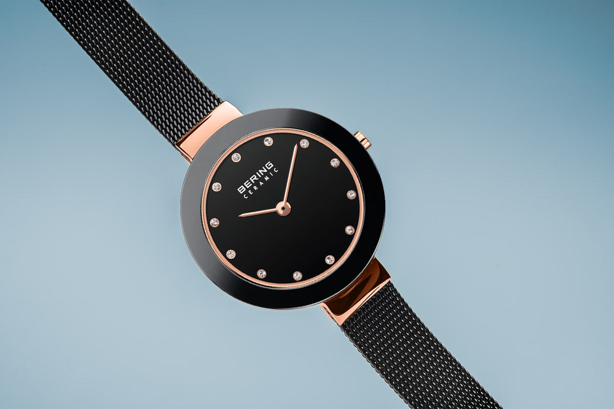 Bering Ceramic Polished Rose Gold Black Mesh Watch