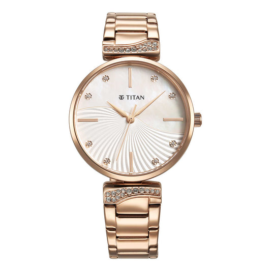 Titan Purple Style Up Quartz Analogue Mother Of Pearl Dial Stainless Steel Strap Watch for Women