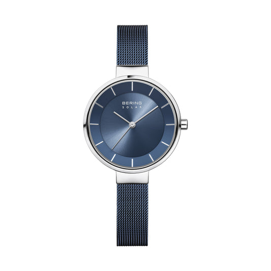 Bering Solar 31mm Silver Blue Milanese Strap Watch