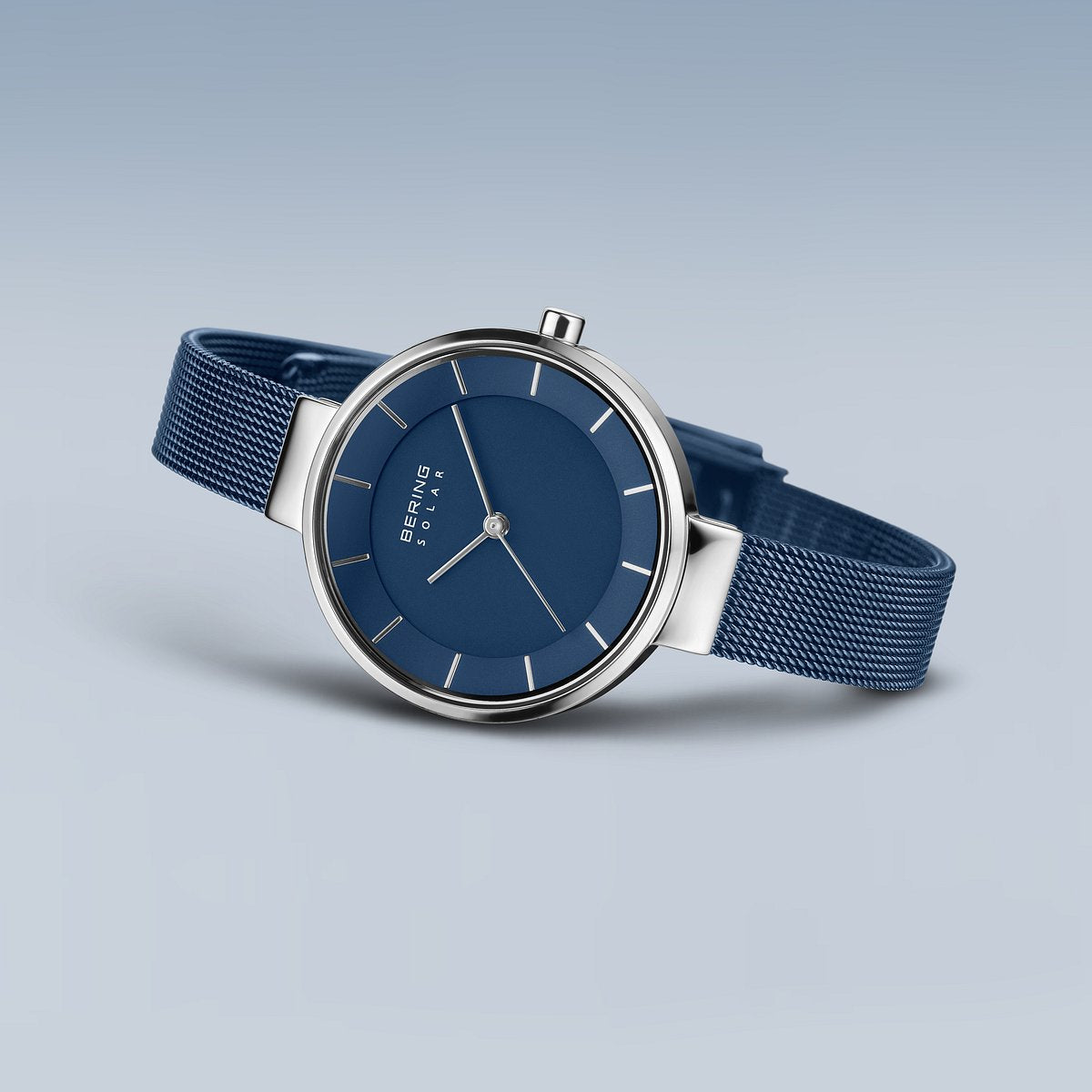 Bering Solar 31mm Silver Blue Milanese Strap Watch