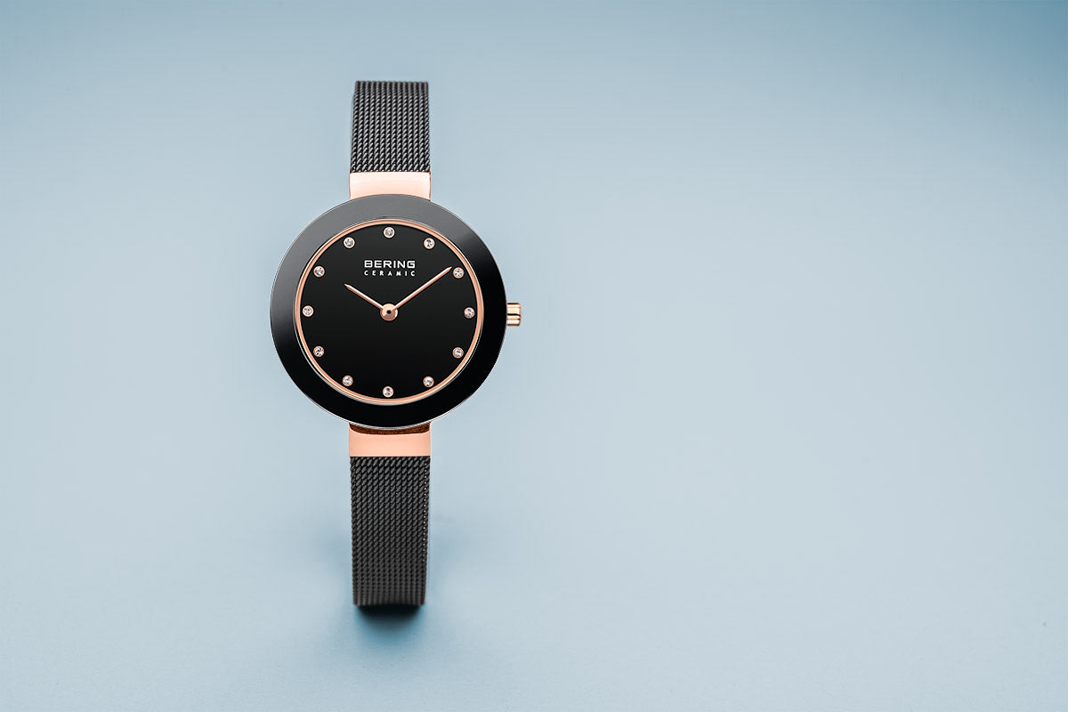 Bering Ceramic Polished Rose Gold Black Mesh Watch