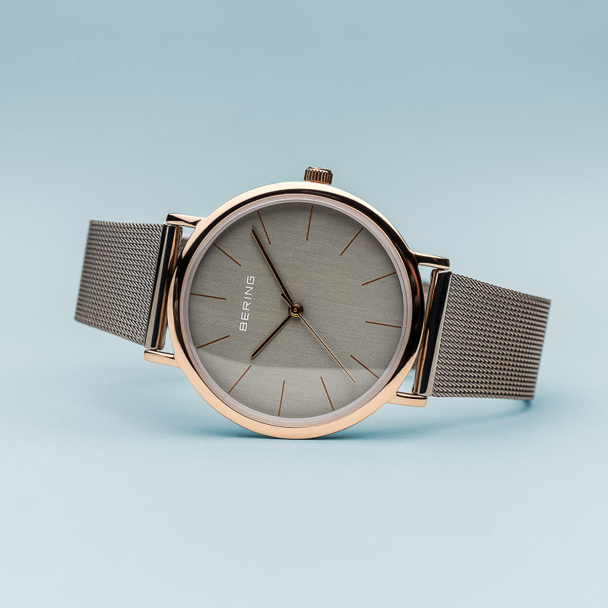 Bering Classic Polished Rose Gold Grey Mesh Watch