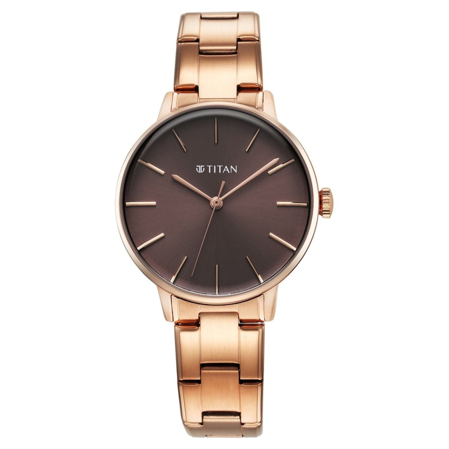 Titan TGIF Quartz Analogue Brown Dial Rose Gold Stainless Steel Strap Watch for Women