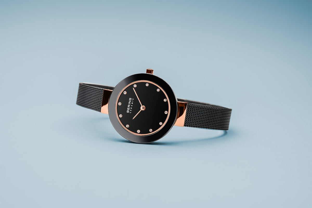 Bering Ceramic Polished Rose Gold Black Mesh Watch