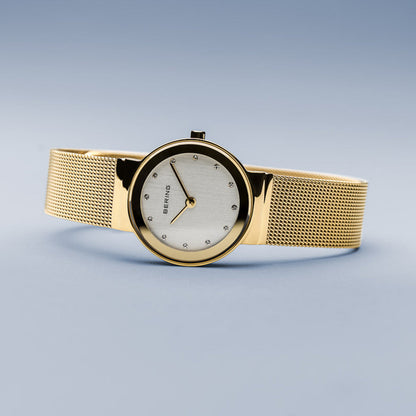 Bering Classic Polished Gold Mesh Swarovski Watch