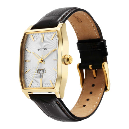 Titan Regalia Opulent White Dial Analogue with Day and Date Leather Strap Watch for Men