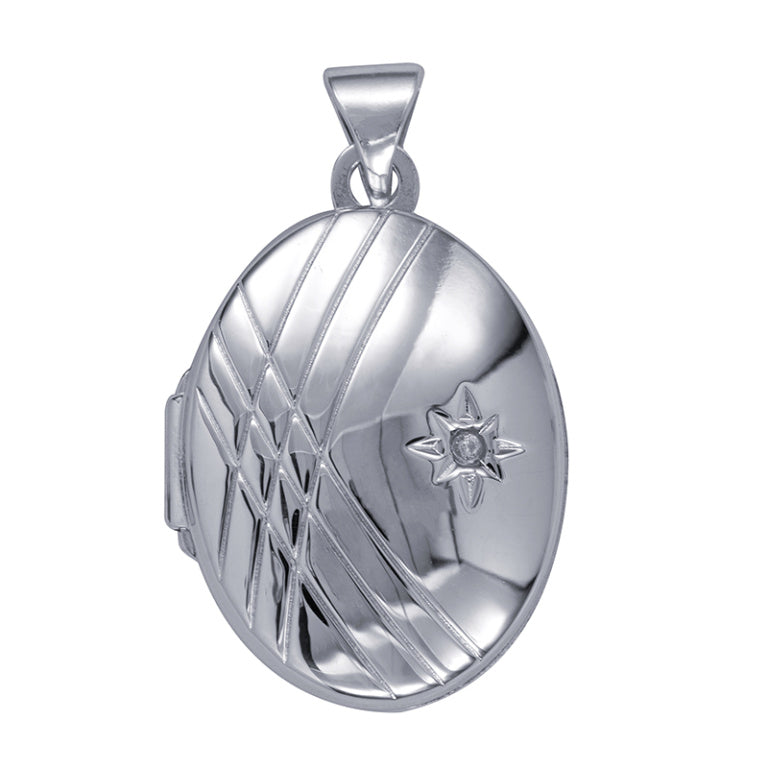 P42 – S/S White Cz Set Oval Locket with Criss-Cross Lines