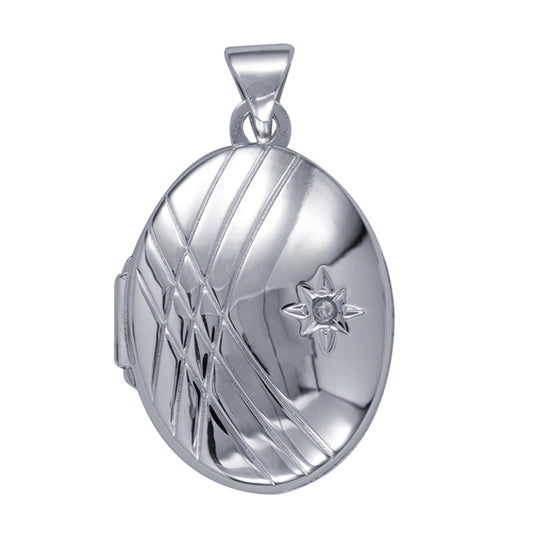 P42 – S/S White Cz Set Oval Locket with Criss-Cross Lines