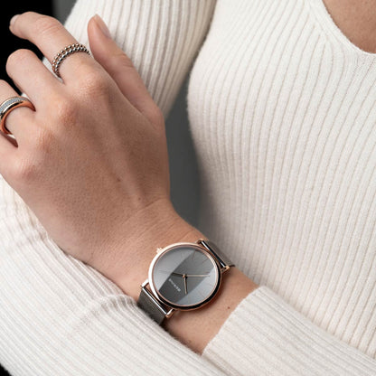 Bering Classic Polished Rose Gold Grey Mesh Watch