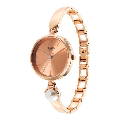 Titan Raga Power Pearls Quartz Analogue Rose Gold Dial Metal Strap with pearl Watch for Women