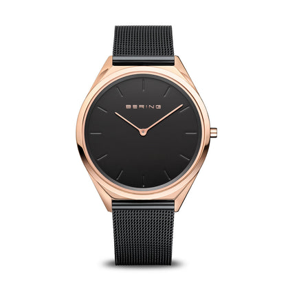 Bering Ultra Slim Polished Rose Gold Black Mesh Watch