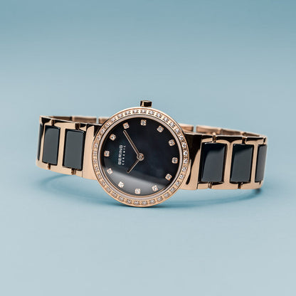 Bering Ceramic Polished Rose Gold Black Watch