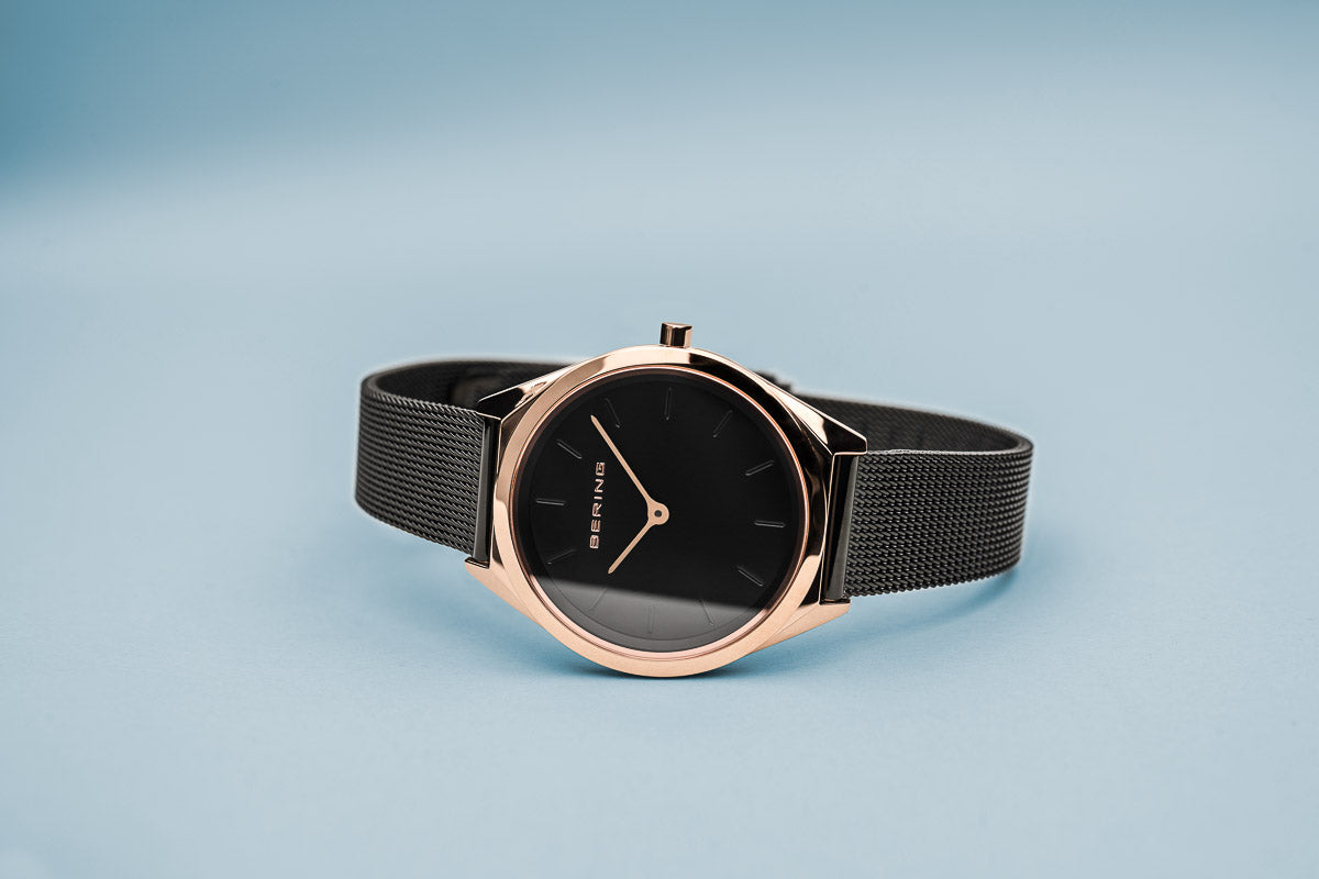 Bering Ultra Slim Polished Rose Gold Black Mesh Watch