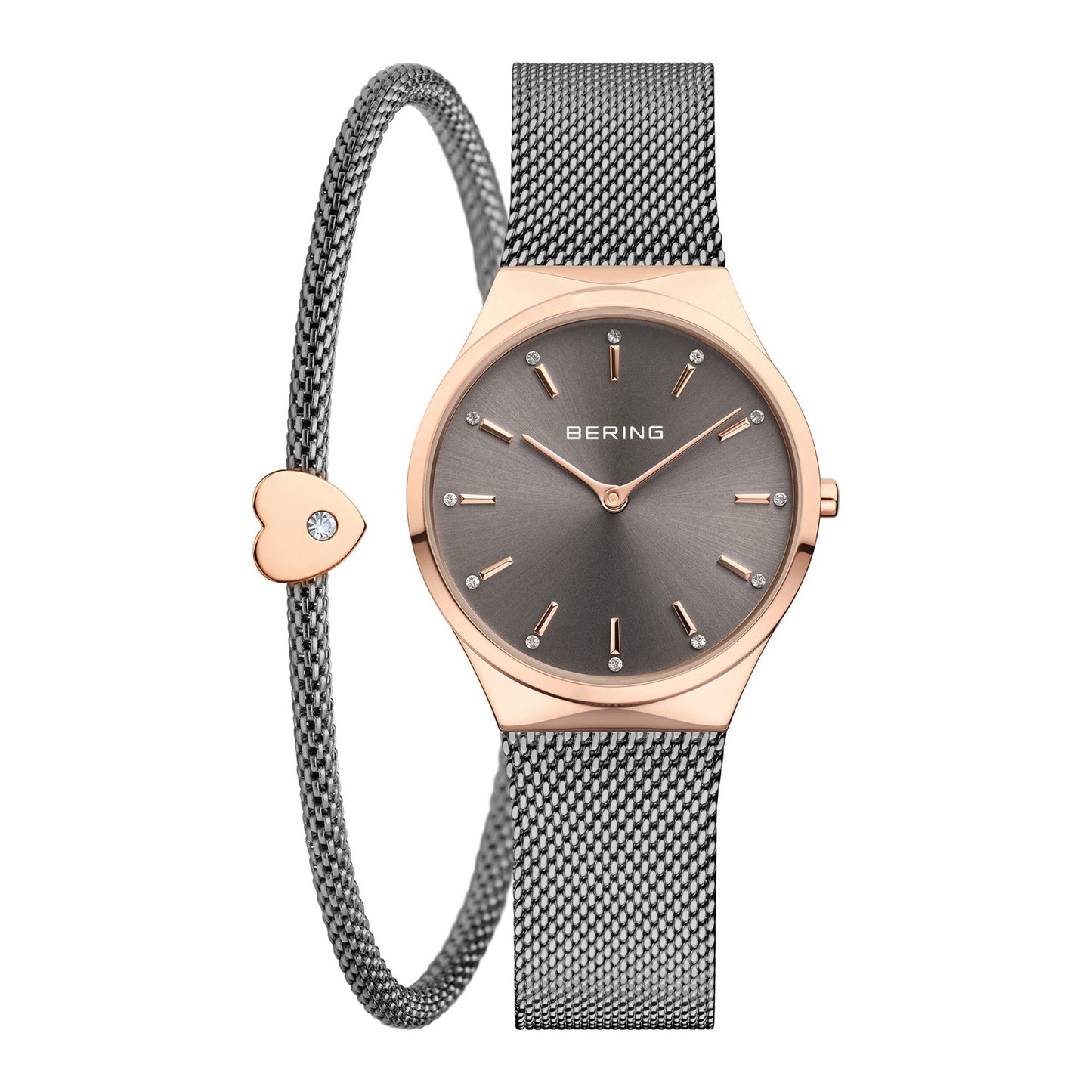 Bering Gift Set 35mm Rose Gold Grey Milanese Strap with Matching Bracelet Watch