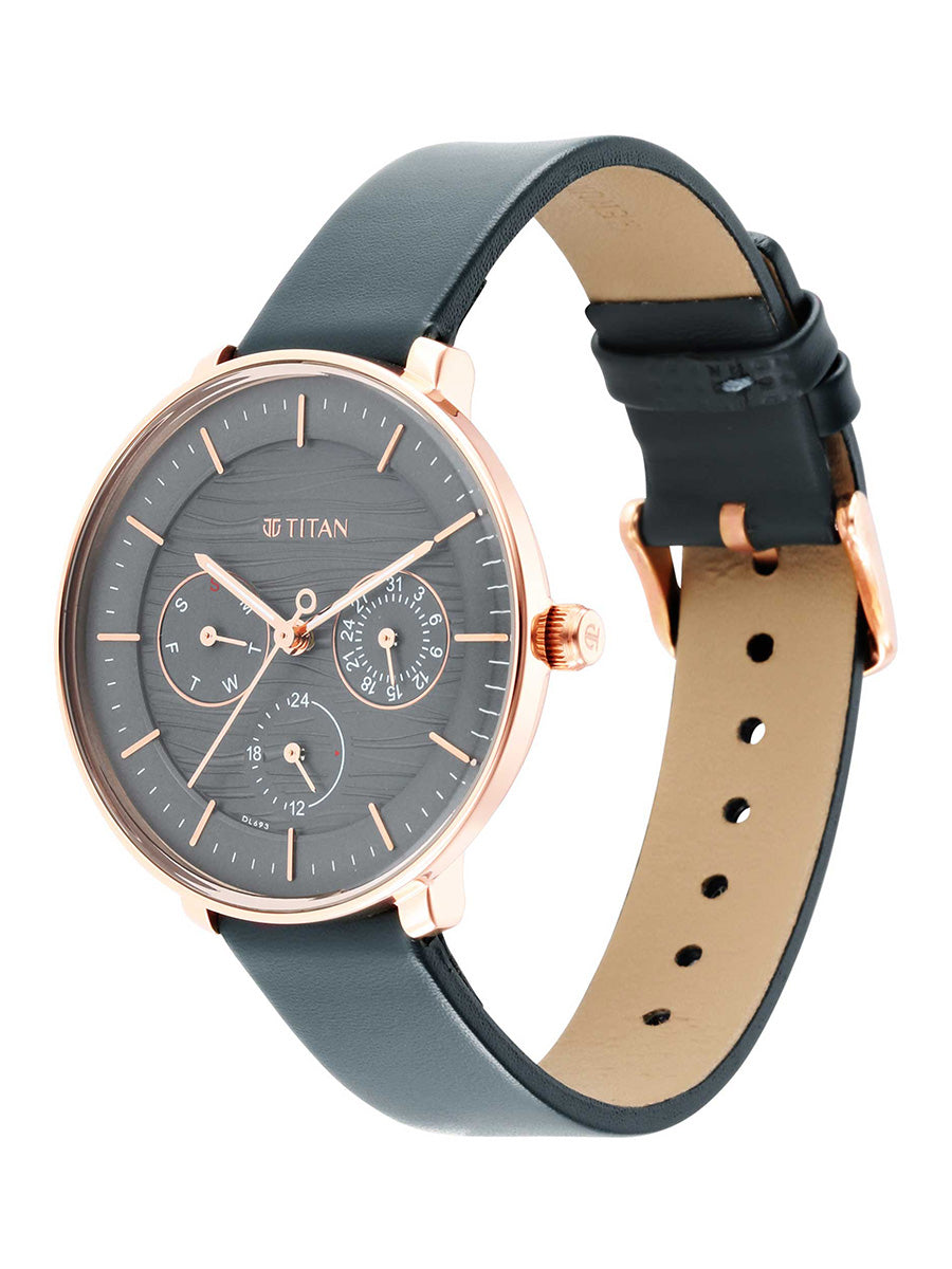 Titan Women's Svelte Black: Multi-Function Watch with Leather Strap