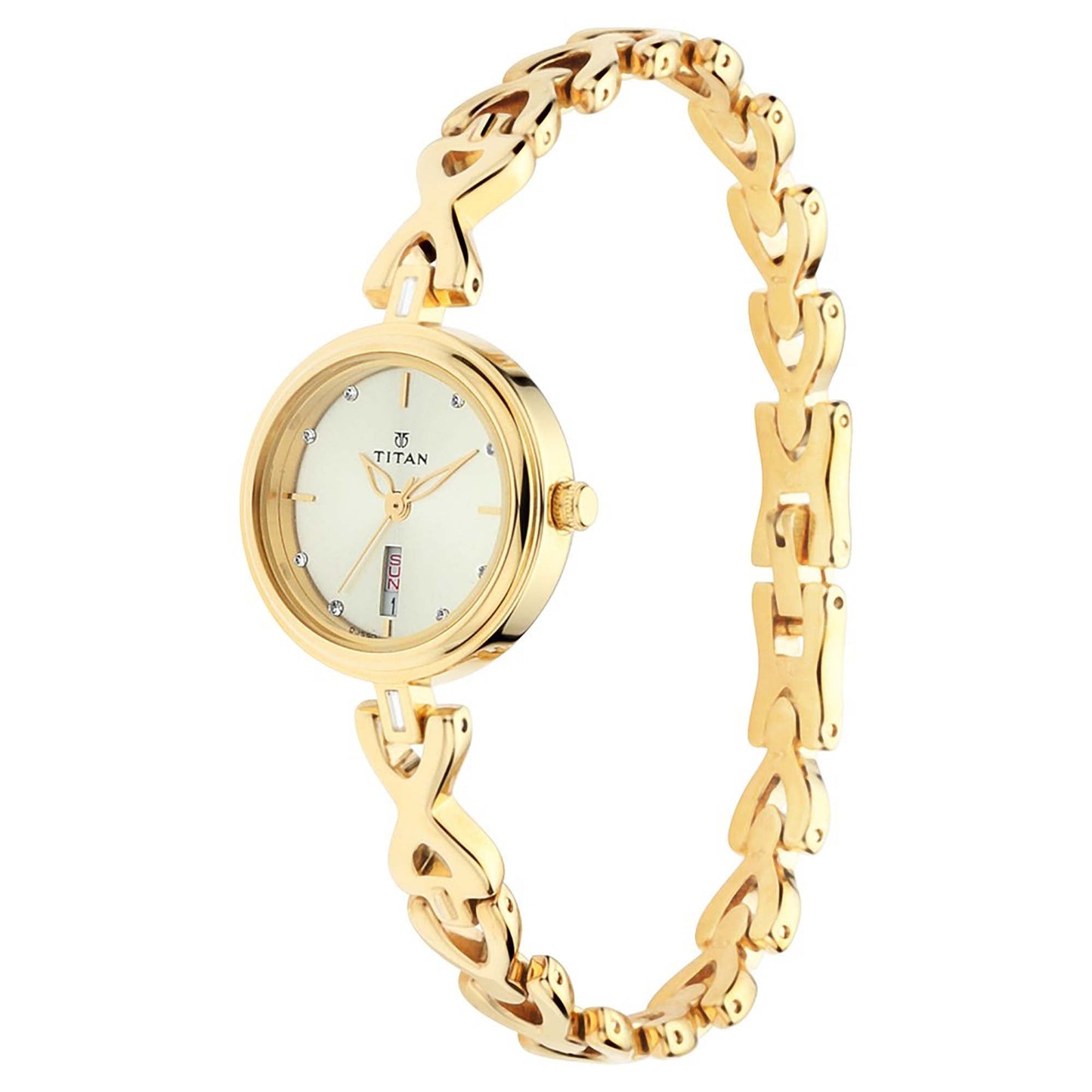 Titan Quartz Analogue with Day and Date Champagne Dial Metal Strap Watch for Women