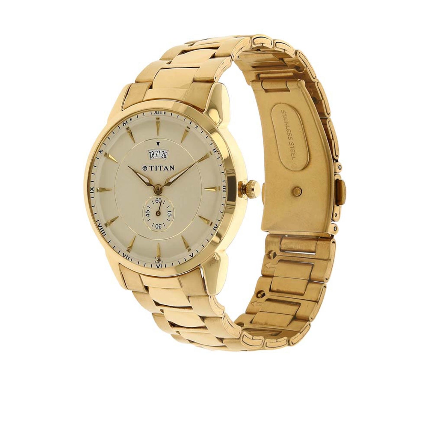 Titan Quartz Analogue with Date Champagne Dial Stainless Steel Strap Watch for Men