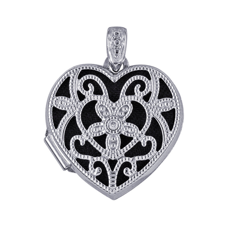 P38 – S/S 18mm Diamond Set Filigree Heart Locket